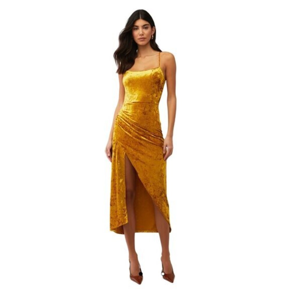 Saylor Gold Velvet Midi Dress With Spaghetti Straps & Side Slit For Women NWOT